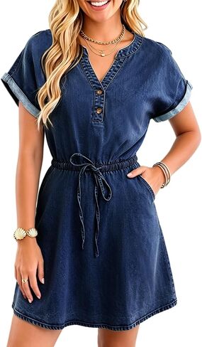 POTILI Denim Dress for Women 2026 Summer Short Sleeve Notch V Neck Button Tie Waist A Line Casual Jean Mini Dress with Pocket in Saudi Arabia