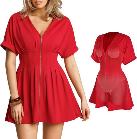 Popilush Casual Dresses for Women Short Sleeve A-Line Mini Dress with Shapewear Pleated V Neck Zip Front Two-Piece Set in Kuwait
