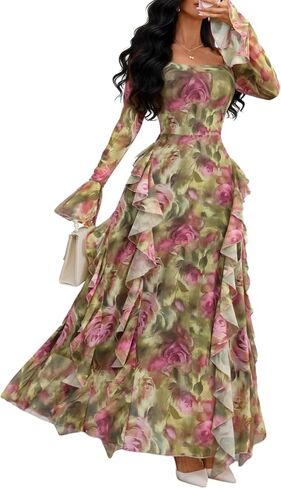 GothDark Women's Floral Dress Mesh Sheer Long Sleeve Square Neck Ruffle Layered Elegant Date Night Holiday Party Outfit in Saudi Arabia