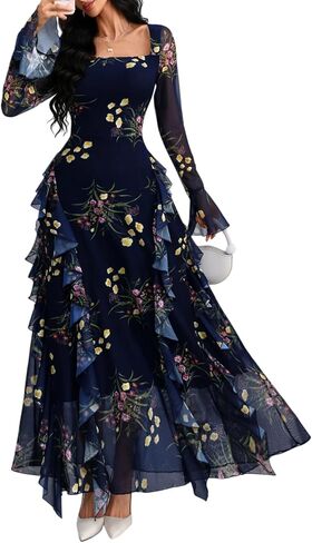 GothDark Women's Floral Dress Mesh Sheer Long Sleeve Square Neck Ruffle Layered Elegant Date Night Holiday Party Outfit in Saudi Arabia