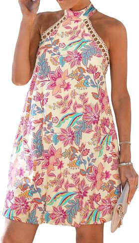 CUPSHE Women Lace Trim Summer Dress Halter High Neck with Tie Backless A Line Lining Casual Sundress Holiday Mini Dress in Kuwait