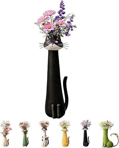 Handcrafted Cat Vase, Whimsical Kitty Planter for Small Flowers, Boho Desk Shelf Decor, Unique Gift for Cat Lovers (Black) in Kuwait