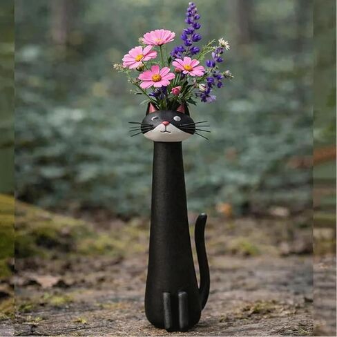 Handcrafted Cat Vase, Whimsical Kitty Planter for Small Flowers, Boho Desk Shelf Decor, Unique Gift for Cat Lovers (Black) in Kuwait