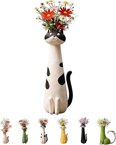 Handcrafted Cat Vase, Whimsical Kitty Planter for Small Flowers, Boho Desk Shelf Decor, Unique Gift for Cat Lovers (Black) in Kuwait