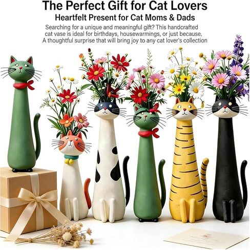 Handcrafted Cat Vase, Whimsical Kitty Planter for Small Flowers, Boho Desk Shelf Decor, Unique Gift for Cat Lovers (Black) in Kuwait