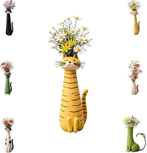 Handcrafted Cat Vase, Whimsical Kitty Planter for Small Flowers, Boho Desk Shelf Decor, Unique Gift for Cat Lovers (Black) in Kuwait