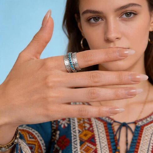 Turquoise Ring for Women Silver Fidget Spinning Turquoise Ring Statement Bohemian Fidget Spinner Rings Anxiety Relief Rings Fashion Jewelry for Women in Saudi Arabia