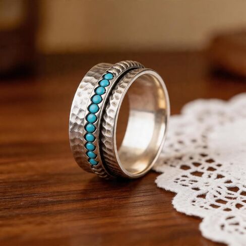 Turquoise Ring for Women Silver Fidget Spinning Turquoise Ring Statement Bohemian Fidget Spinner Rings Anxiety Relief Rings Fashion Jewelry for Women in Saudi Arabia
