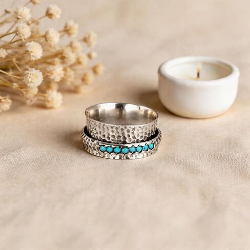 Turquoise Ring for Women Silver Fidget Spinning Turquoise Ring Statement Bohemian Fidget Spinner Rings Anxiety Relief Rings Fashion Jewelry for Women in Saudi Arabia
