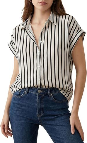 Women's Striped Button Down Shirt Summer Dolman Short Sleeve Collared Blouses Business Casual Tops in Saudi Arabia