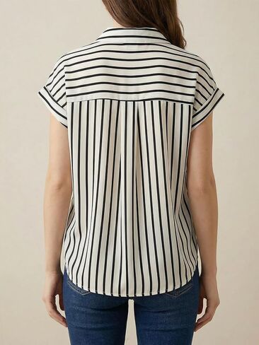 Women's Striped Button Down Shirt Summer Dolman Short Sleeve Collared Blouses Business Casual Tops in Saudi Arabia