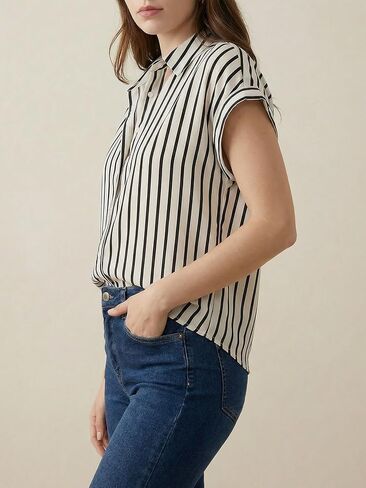 Women's Striped Button Down Shirt Summer Dolman Short Sleeve Collared Blouses Business Casual Tops in Saudi Arabia
