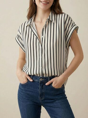 Women's Striped Button Down Shirt Summer Dolman Short Sleeve Collared Blouses Business Casual Tops in Saudi Arabia