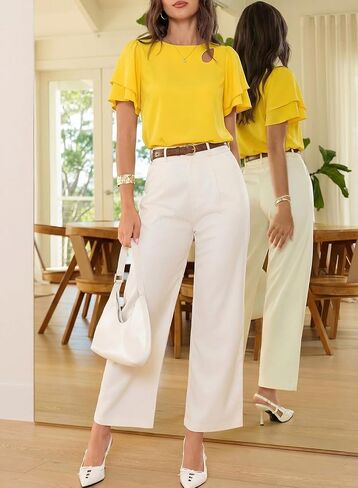 Dokotoo Womens Blouses Double Layer Ruffle Sleeve Casual Shirt Crewneck Cut-Out Tops Summer Outfits in Kuwait