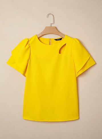 Dokotoo Womens Blouses Double Layer Ruffle Sleeve Casual Shirt Crewneck Cut-Out Tops Summer Outfits in Kuwait