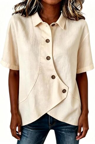 Women Short Sleeve Business Work Blouses Button Down Shirts Summer Asymmetrical Hem Collared Shirt Summer Outfits in Kuwait