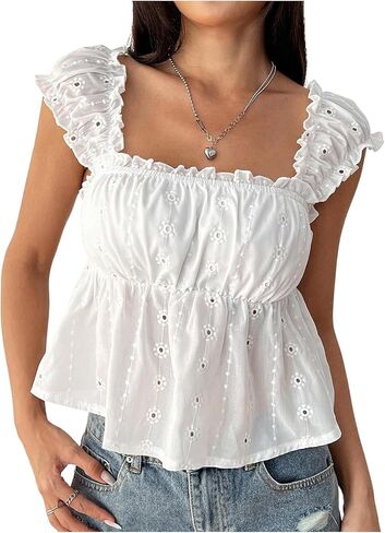 SweatyRocks Women's Square Neck Boho Ruffle Eyelet Embroidery Blouses Peplum Tops in Kuwait
