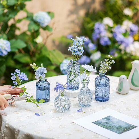 Glasseam Glass Bud Vases for Centerpieces, Vintage Embossed Small Vases | 10Pcs Blue Glass Vases for Single Flower Mini Stem, Versatile Table Decorations for Home, Offices and Wedding Party in Kuwait