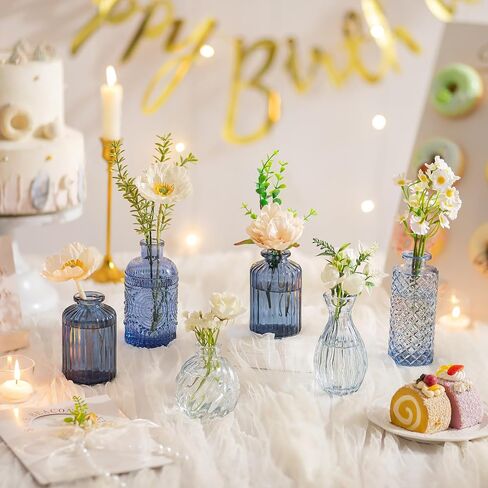 Glasseam Glass Bud Vases for Centerpieces, Vintage Embossed Small Vases | 10Pcs Blue Glass Vases for Single Flower Mini Stem, Versatile Table Decorations for Home, Offices and Wedding Party in Kuwait