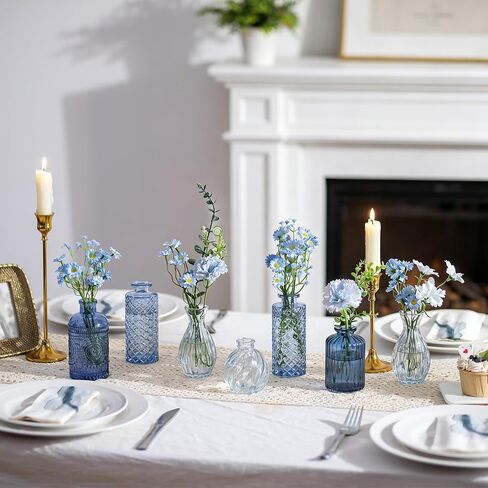 Glasseam Glass Bud Vases for Centerpieces, Vintage Embossed Small Vases | 10Pcs Blue Glass Vases for Single Flower Mini Stem, Versatile Table Decorations for Home, Offices and Wedding Party in Kuwait