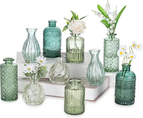 Glasseam Glass Bud Vases for Centerpieces, Vintage Embossed Small Vases | 10Pcs Blue Glass Vases for Single Flower Mini Stem, Versatile Table Decorations for Home, Offices and Wedding Party in Kuwait
