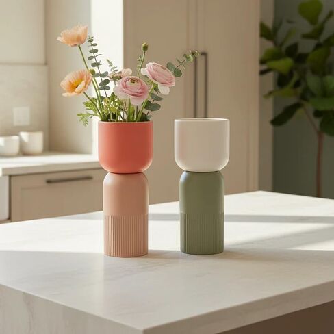 Cloudnola Reversible Ceramic Flower Vase and Bud Vase Set of 2, Pink Beige & Coral and Sage Green & Ivory, Ideal Gift Set for Home, Wedding, and Event Decor in Saudi Arabia