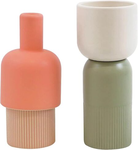 Cloudnola Reversible Ceramic Flower Vase and Bud Vase Set of 2, Pink Beige & Coral and Sage Green & Ivory, Ideal Gift Set for Home, Wedding, and Event Decor in Saudi Arabia