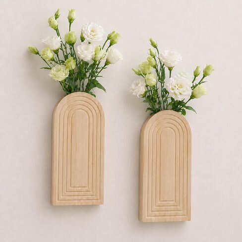 2 Pack Wooden Wall Vase Boho Decor, Wall Mounted Hanging Planter for Indoor Modern Farmhouse Wall Art for Living Room Bathroom Hallway Bedroom (Charcoal, Fan Tapered) in Saudi Arabia
