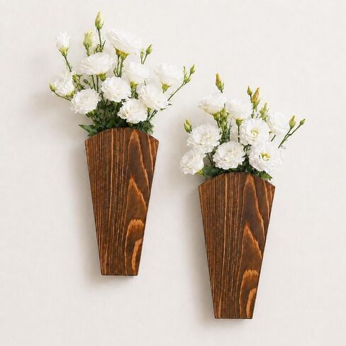 2 Pack Wooden Wall Vase Boho Decor, Wall Mounted Hanging Planter for Indoor Modern Farmhouse Wall Art for Living Room Bathroom Hallway Bedroom (Charcoal, Fan Tapered) in Saudi Arabia