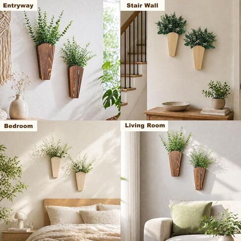 2 Pack Wooden Wall Vase Boho Decor, Wall Mounted Hanging Planter for Indoor Modern Farmhouse Wall Art for Living Room Bathroom Hallway Bedroom (Charcoal, Fan Tapered) in Saudi Arabia