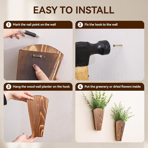 2 Pack Wooden Wall Vase Boho Decor, Wall Mounted Hanging Planter for Indoor Modern Farmhouse Wall Art for Living Room Bathroom Hallway Bedroom (Charcoal, Fan Tapered) in Saudi Arabia