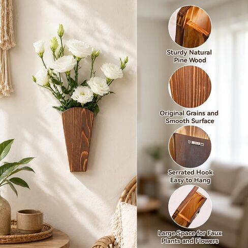 2 Pack Wooden Wall Vase Boho Decor, Wall Mounted Hanging Planter for Indoor Modern Farmhouse Wall Art for Living Room Bathroom Hallway Bedroom (Charcoal, Fan Tapered) in Saudi Arabia