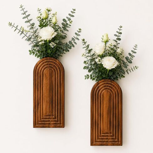 2 Pack Wooden Wall Vase Boho Decor, Wall Mounted Hanging Planter for Indoor Modern Farmhouse Wall Art for Living Room Bathroom Hallway Bedroom (Charcoal, Fan Tapered) in Saudi Arabia