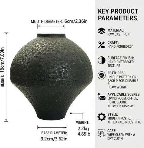 Unique Handmade Cast Iron Vase for Dried Flowers or Pampas Grass, Heavy and Durable Wabi Sabi Vases, Matte Black Vase for Modern, Rustic and Farmhouse Decor (Matte Black, 7" W×7" H) in Saudi Arabia