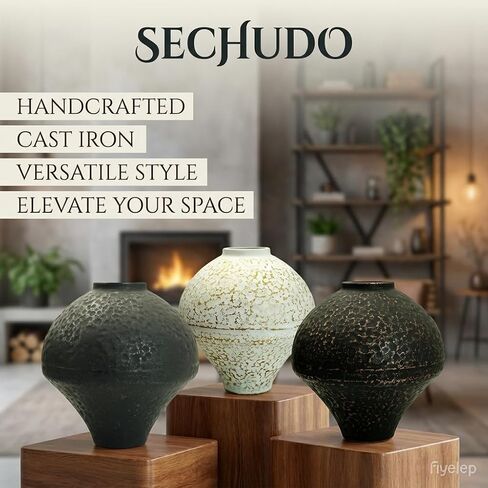 Unique Handmade Cast Iron Vase for Dried Flowers or Pampas Grass, Heavy and Durable Wabi Sabi Vases, Matte Black Vase for Modern, Rustic and Farmhouse Decor (Matte Black, 7" W×7" H) in Saudi Arabia