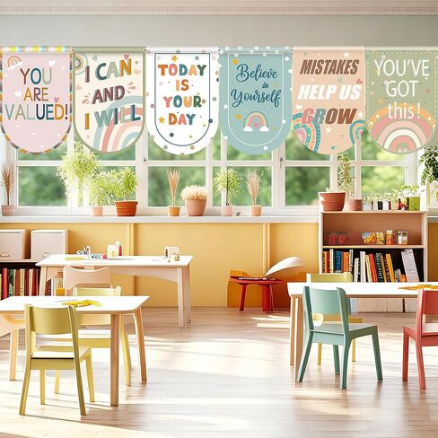 School Classroom Curtains 8 PCS Boho Rainbow Colorful Curtain Back to Classroom Decor Window Cover Positive Affirmations for Kindergarten Daycare Primary Bedroom Playroom School Girl Style Decoration in Saudi Arabia
