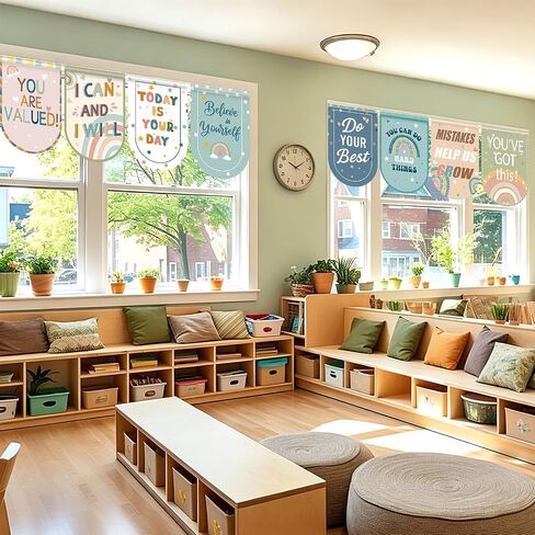 School Classroom Curtains 8 PCS Boho Rainbow Colorful Curtain Back to Classroom Decor Window Cover Positive Affirmations for Kindergarten Daycare Primary Bedroom Playroom School Girl Style Decoration in Saudi Arabia