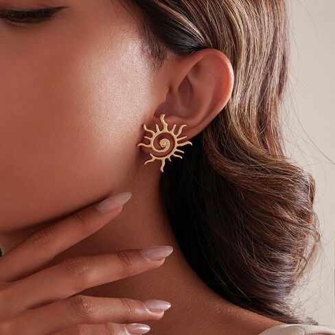 Dreuyet Golden Sun Stud Earrings for Women Punk Unique Chunky Spiral Sun Earrings Vintage Statement Sunburst Prom Party Accessories Jewelry Gifts in Kuwait