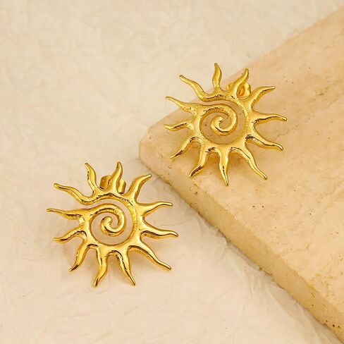 Dreuyet Golden Sun Stud Earrings for Women Punk Unique Chunky Spiral Sun Earrings Vintage Statement Sunburst Prom Party Accessories Jewelry Gifts in Kuwait