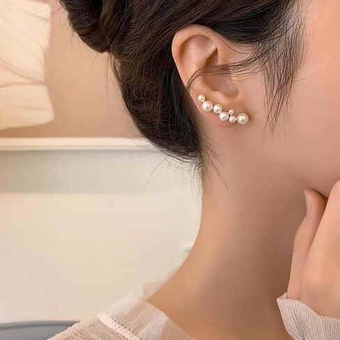 Vintage Pearl Ear Climber Earrings Pearl Cuff Crawler Earrings Cluster Pearls Stud Earring White Bead Climber Crawler Earring Jewelry for Women in Kuwait