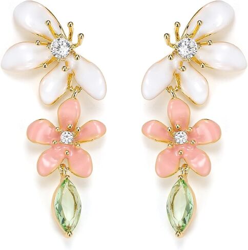FANZE Irregular Petals Statement Earrings for Women, Pink Green Blue Flower Cute Floral Rhinestone Enamel Earring Stud Trendy Hypoallergenic Lightweight Elegant Jewelry Gift in Saudi Arabia
