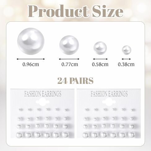 24 Pairs Earrings Pearl, Faux Pearls Earrings for Women, 4 Mixed Sizes Round Ball Pearl Earring Set in White in Kuwait