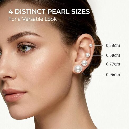 24 Pairs Earrings Pearl, Faux Pearls Earrings for Women, 4 Mixed Sizes Round Ball Pearl Earring Set in White in Kuwait