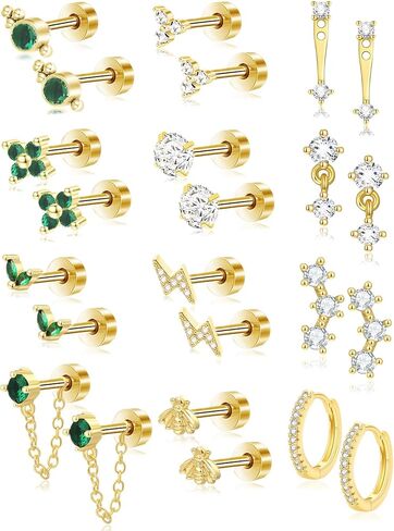 Akeoqi 12 Pairs Flat Back Stud Earrings 20G18K Gold Plated Stainless Steel Earring Emerald Green CZ Lightning Bee Flower Chain Flatback Stud Hoop Cartilage Helix Earrings Stacks for Women Men Gold Silver Tone in Saudi Arabia