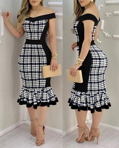 Womens Houndstooth Print Off Shoulder Bodycon Dress Ruffle Hem Vintage Slim Fit Midi Dress Party Cocktail Evening Outfit in Kuwait