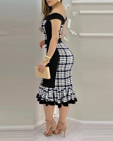 Womens Houndstooth Print Off Shoulder Bodycon Dress Ruffle Hem Vintage Slim Fit Midi Dress Party Cocktail Evening Outfit in Kuwait