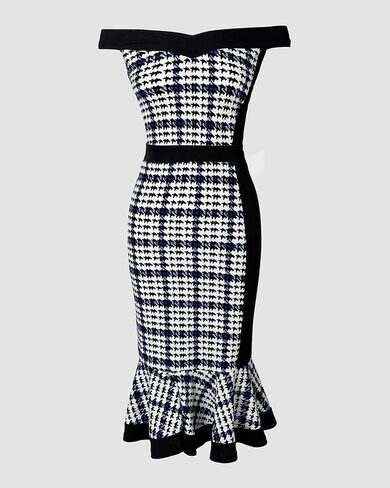 Womens Houndstooth Print Off Shoulder Bodycon Dress Ruffle Hem Vintage Slim Fit Midi Dress Party Cocktail Evening Outfit in Kuwait