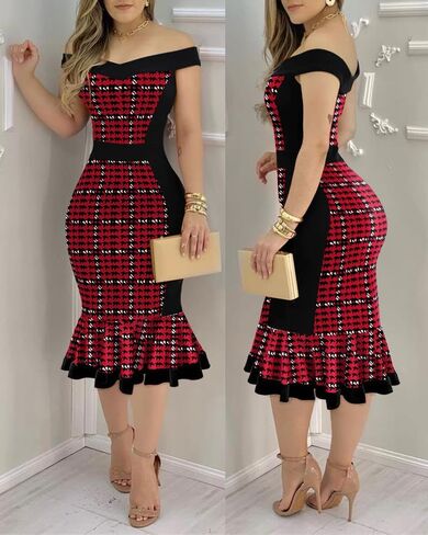 Womens Houndstooth Print Off Shoulder Bodycon Dress Ruffle Hem Vintage Slim Fit Midi Dress Party Cocktail Evening Outfit in Kuwait