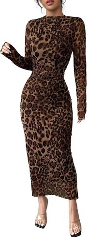 Narecte Maxi Dresses for Women Mesh Ruched Bodycon Long Sleeve Back Zipper Evening Party Dress Fall Dresses in Saudi Arabia