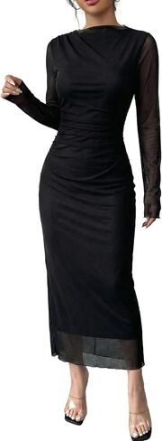 Narecte Maxi Dresses for Women Mesh Ruched Bodycon Long Sleeve Back Zipper Evening Party Dress Fall Dresses in Saudi Arabia